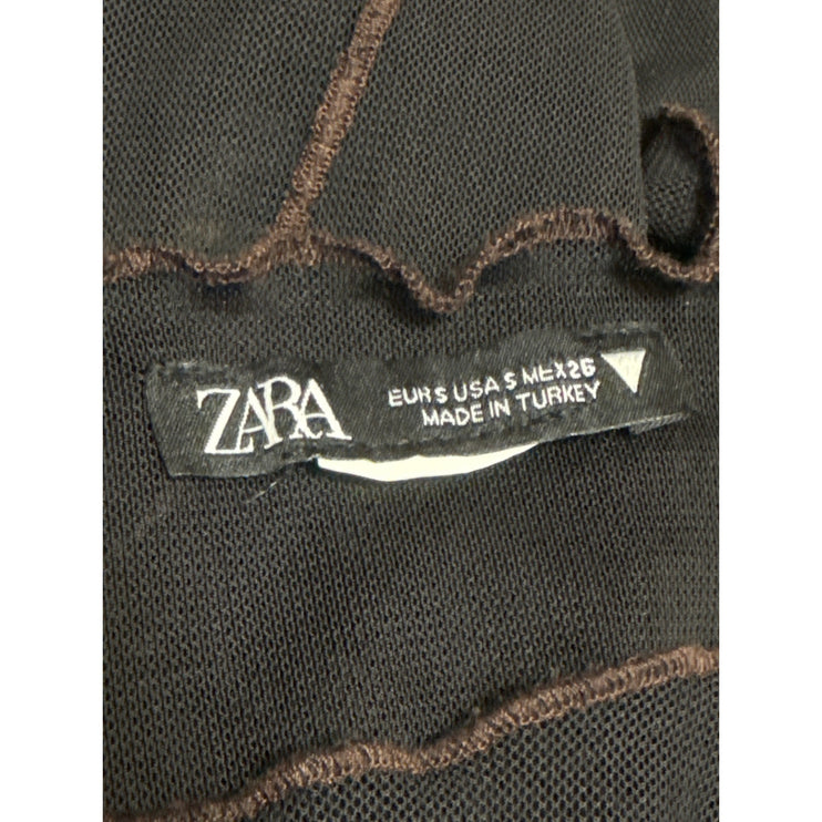 Zara Women Black Sheer Mesh Patchwork Lettuce Long Sleeve Crop Blouse Top Size S