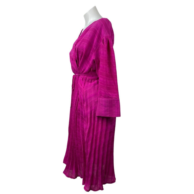 Sewlip Women's Pink Long Sleeve V Neck Pleated Tie Waist Wrap Midi Skirt Size M