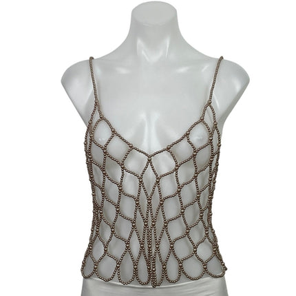 NEW Endless Blu Brown Bronze Pearl Beaded Net Cami Cover Up Tank Top Size M/L