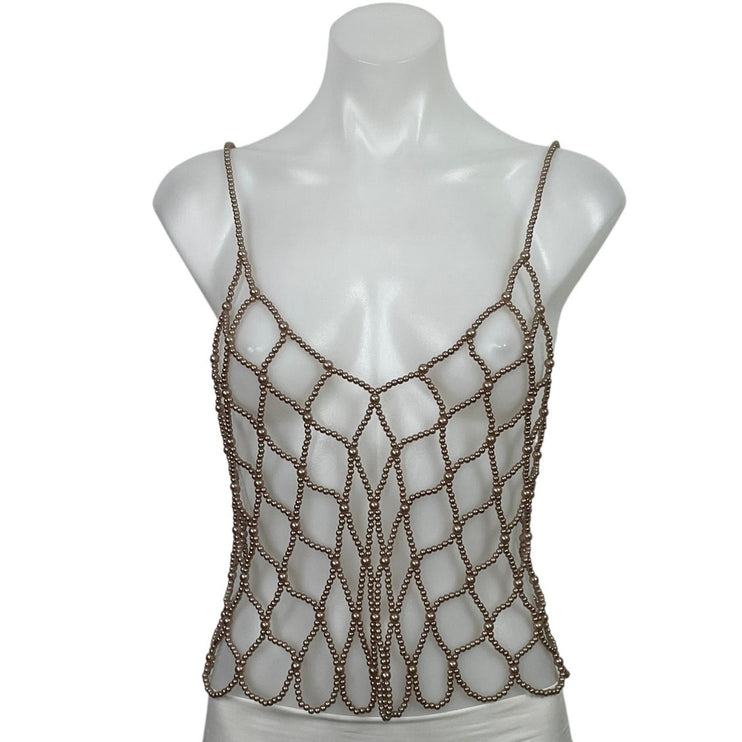 NEW Endless Blu Brown Bronze Pearl Beaded Net Cami Cover Up Tank Top Size M/L
