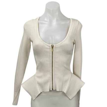 Guess Ivory Ribbed Knit Scoop Neck Long Sleeve Zip Peplum Cardigan Sweater Top M