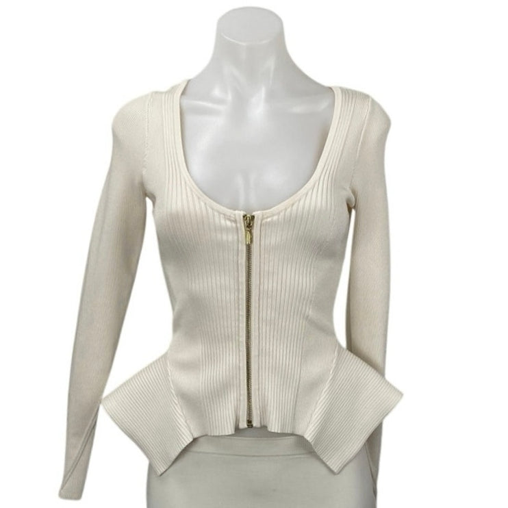 Guess Ivory Ribbed Knit Scoop Neck Long Sleeve Zip Peplum Cardigan Sweater Top M