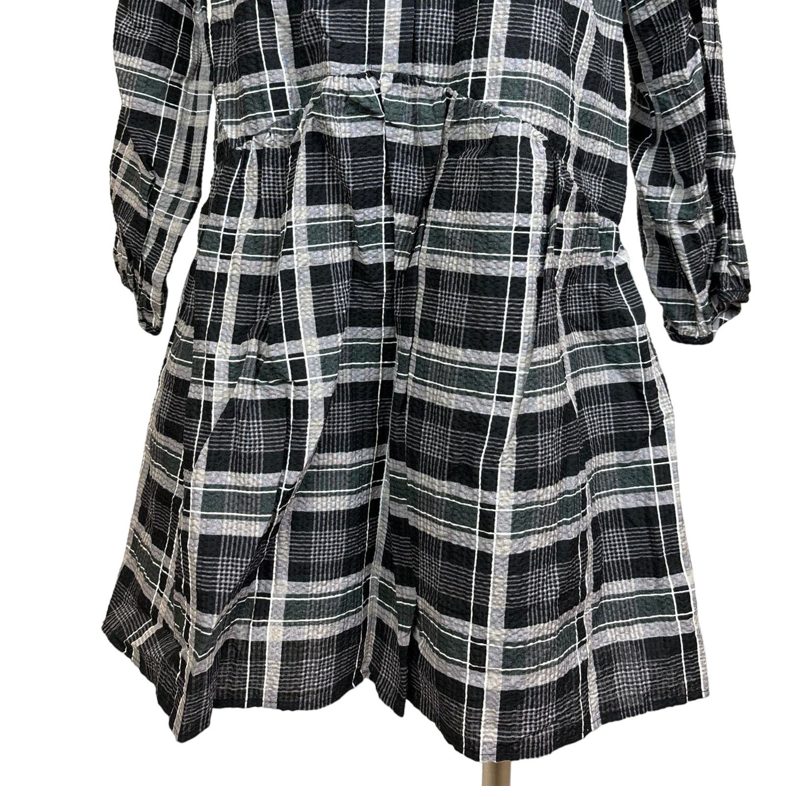 Club Monaco Black Gray Linen Blend Plaid Mini Puff Sleeve Shirt Dress – Brie