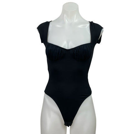 Tankair Juliet Black Bustier Short Cap Sleeve Thong T Shirt Bodysuit Top Size XS