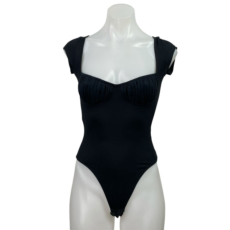 Tankair Juliet Black Bustier Short Cap Sleeve Thong T Shirt Bodysuit Top Size XS