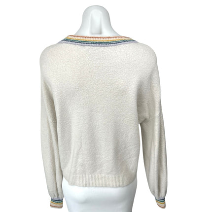 Madewell Gladwell White Rainbow Trim Knit Long Sleeve Pullover Sweater Top Sz S