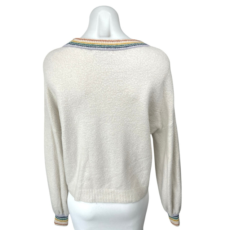 Madewell Gladwell White Rainbow Trim Knit Long Sleeve Pullover Sweater Top Sz S
