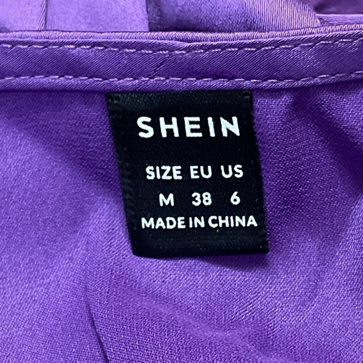 Shein Purple Silk Satin Long Sleeve Deep V Neck Pleated Sheath Maxi Dress Size M