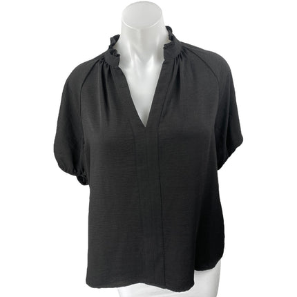 CeCe Women's Black Short Puff Sleeve Ruffle V-Neck Blouse Shirt Top Size M