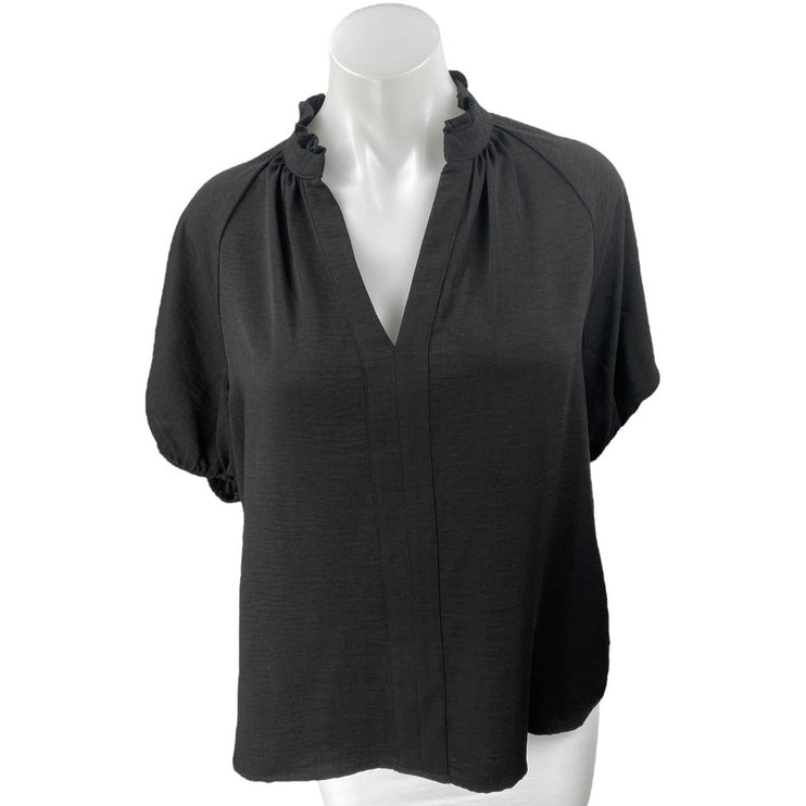 CeCe Women's Black Short Puff Sleeve Ruffle V-Neck Blouse Shirt Top Size M