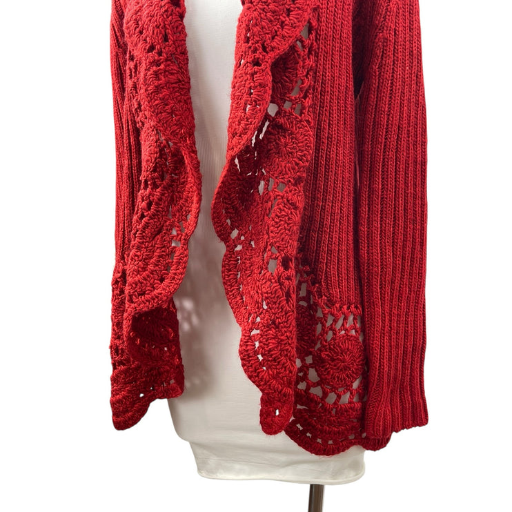Women's Red Crochet Long Sleeve Waterfall Bolero Cardigan Sweater Top Size M/L