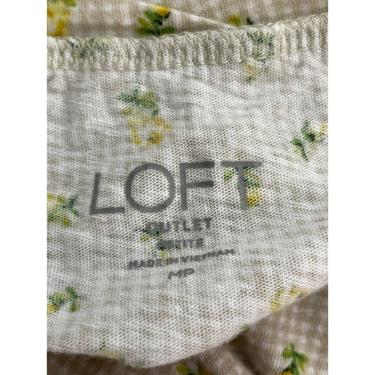 Loft Women's Beige Floral Crew Neck Short Sleeve Crop Basic Tee T-Shirt Top Sz M