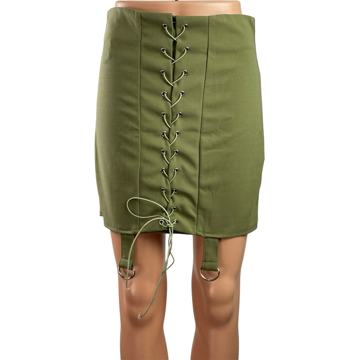 Missguided Women's Olive Green Lace Up Grommets Mini Pencil Coset Skirt Size 8