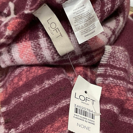 NWT Ann Taylor LOFT Pink Maroon Check Plaid Fringe Wrap Shawl Neck Scarf OS