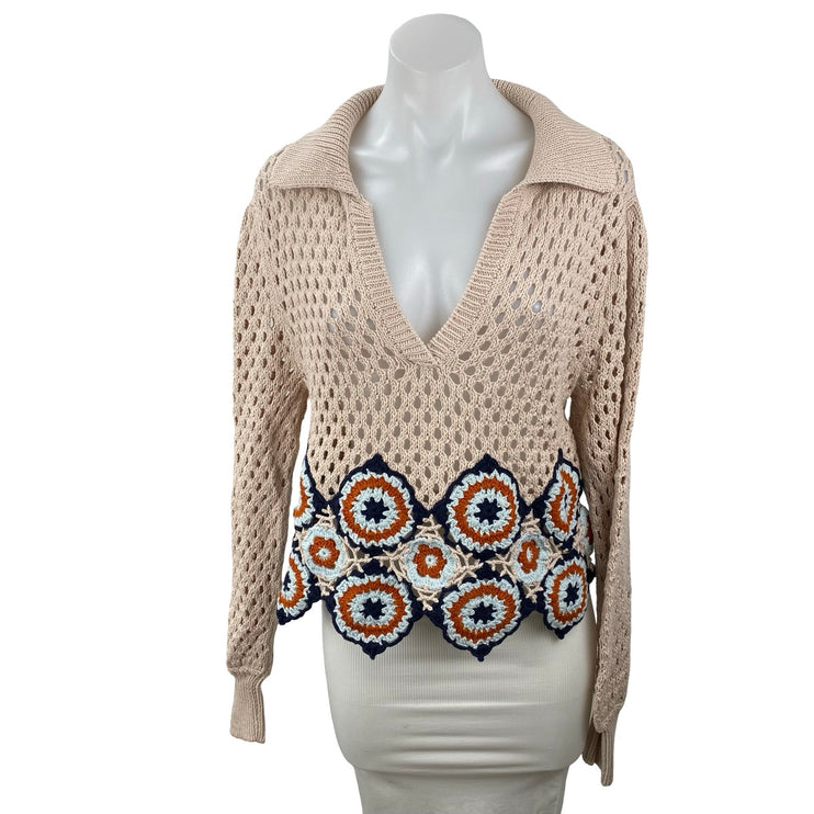 Chufy Women's Beige Crochet Knit Collared Long Sleeve Sweatshirt Sweater Top M