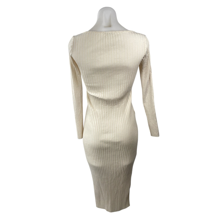 Zara Cream Ribbed Knit Asymmetric Neck Long Sleeve Midi Bodycon Dress Size M