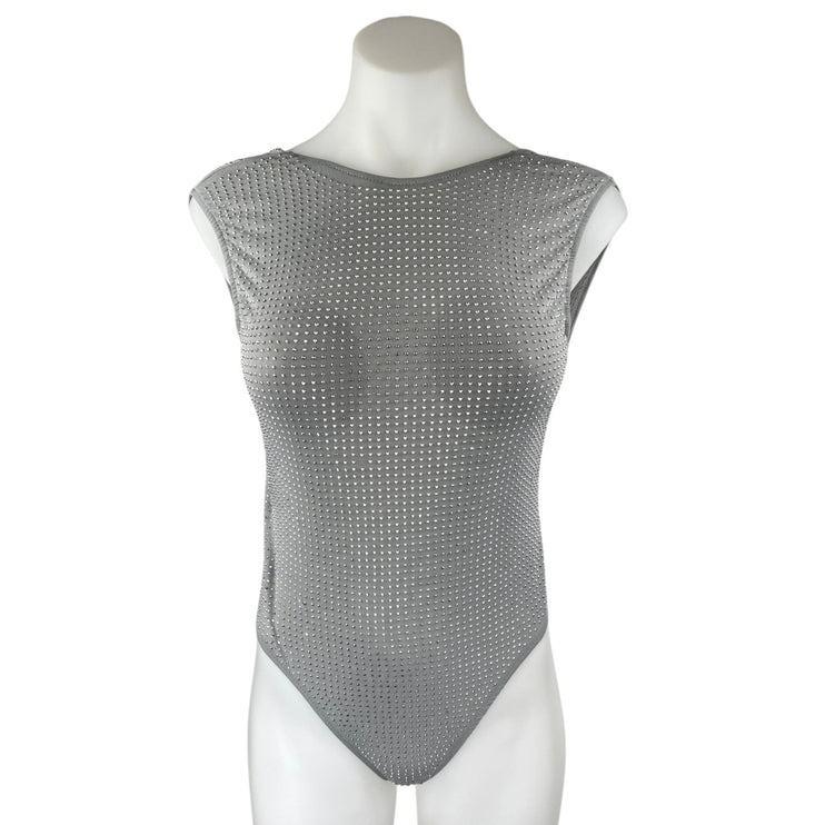 Zara Women's Gray Rhinestone Sleeveless Open Back Tank Bodysuit Top Size S