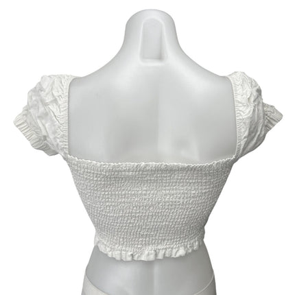 ASTR The Label Women's White Linen Blend Puff Sleeve Smocked Crop Top Size XS