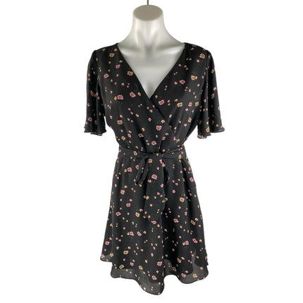 BB Dakota Black Floral V Neck Short Sleeve Tie Mini A-Line Flare Wrap Dress Sz 4