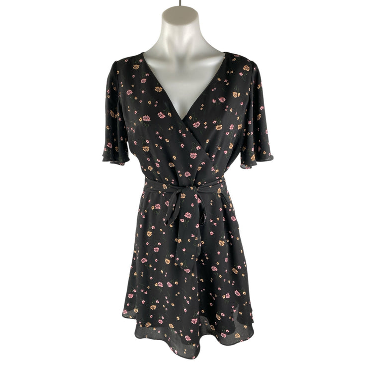 BB Dakota Black Floral V Neck Short Sleeve Tie Mini A-Line Flare Wrap Dress Sz 4