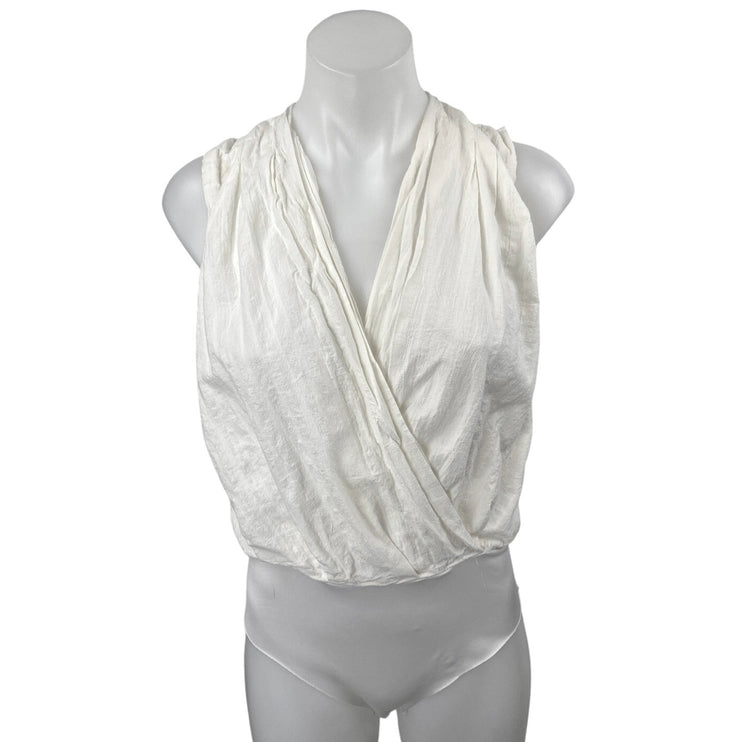 Zara White Sleeveless Faux Wrap Drapey Surplice Blouse Bodysuit Top Size S