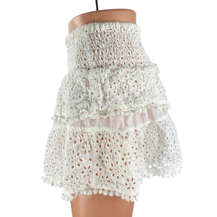 Women's White Floral Eyelet Embroidery Tiered Ruffled Mini Flare A-Line Skirt S