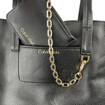 Calvin Klein Anya Signature Chain Black Faux Leather Purse Tote Shoulder Bag OS