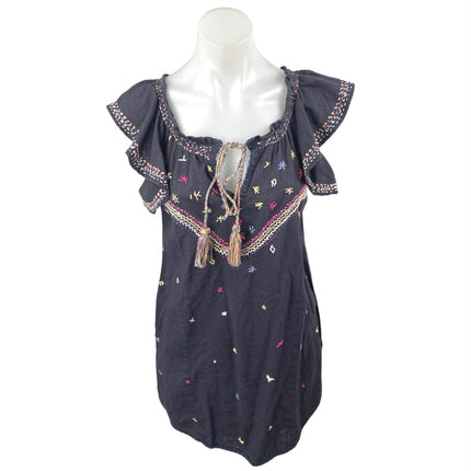 Banjara Black Embroidered Tassel Ruffle Flutter Sleeve Mini Shift Dress Size XS