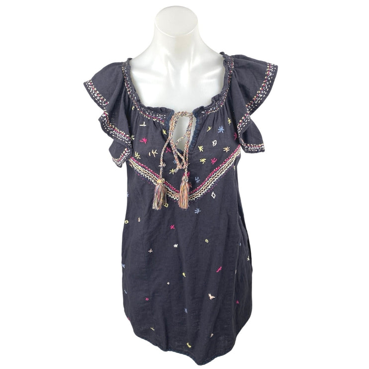 Banjara Black Embroidered Tassel Ruffle Flutter Sleeve Mini Shift Dress Size XS