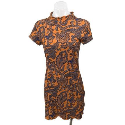 Urban Outfitters Orange Blue Floral Paisley Short Sleeve Mini Bodycon Dress Sz M