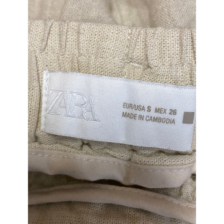 Zara Women's Beige Linen Drawstring Pleated Wide Leg Baggy Trousers Pants Size S