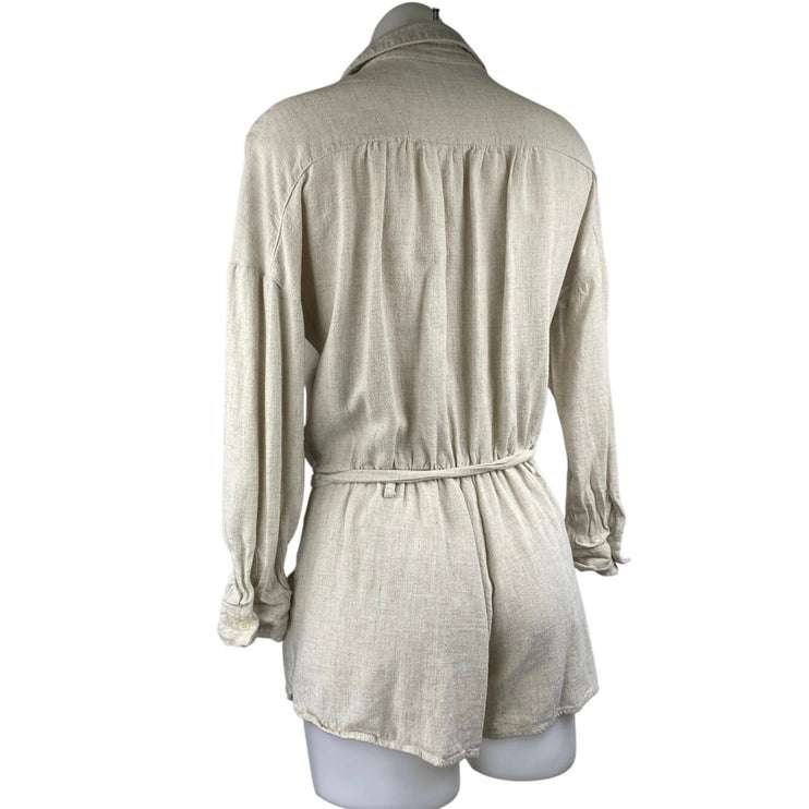 Gentle Fawn Cream Linen LOng Sleeve Colalr Button Down Wide Leg Shirt Romper XS