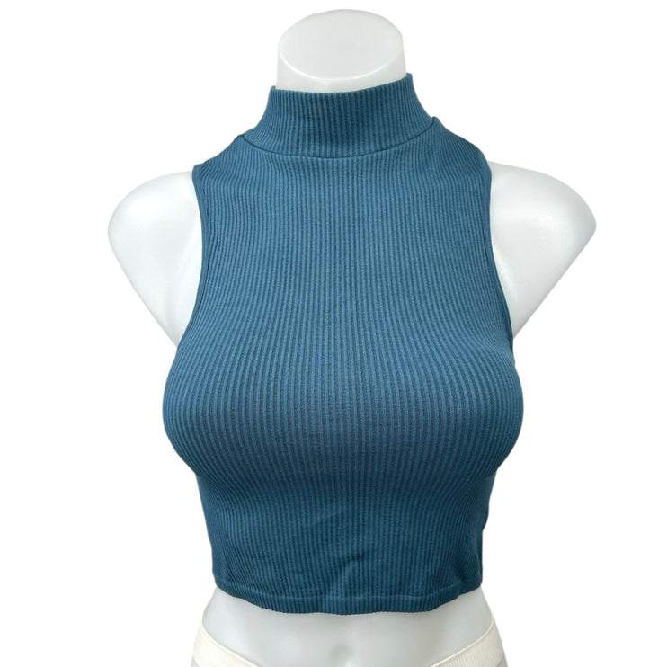 Zara Blue Ribbed Racerback Mock Neck Stretch Knit Crop Sweater Tank Top Sz XS-S