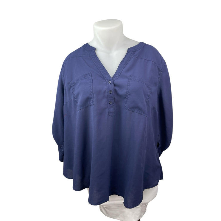 Torrid Harper Women Navy Blue V Neck Pocket Long Sleeve Shirt Blouse Top Sz 3X