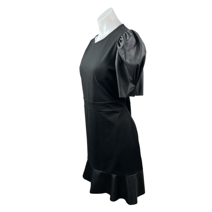 Michael Kors Ponte Faux Leather Trim Puff Sleeve Flounce Hem Mini Flare Dress L