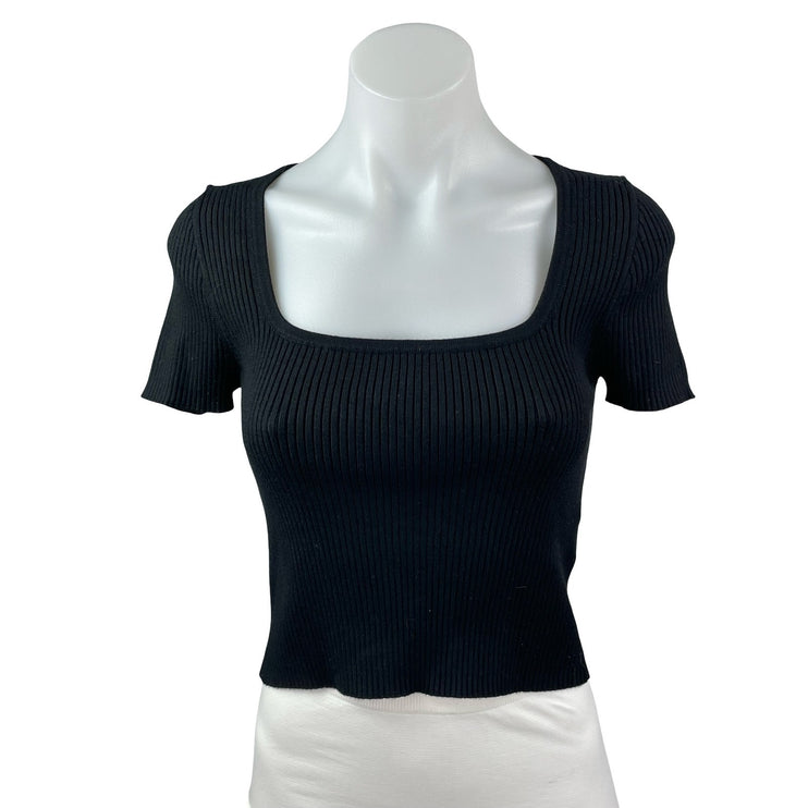 Madewell Women's Black Ribbed Knit Square Neck Sculpt T Shirt Crop Top Size S