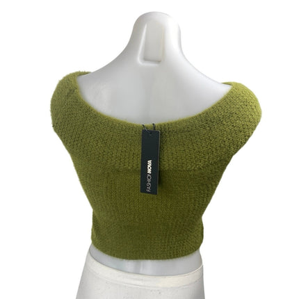 NEW Fashion Nova In Too Deep Olive Green Off Shoulder Knit Crop Sweater Top XS