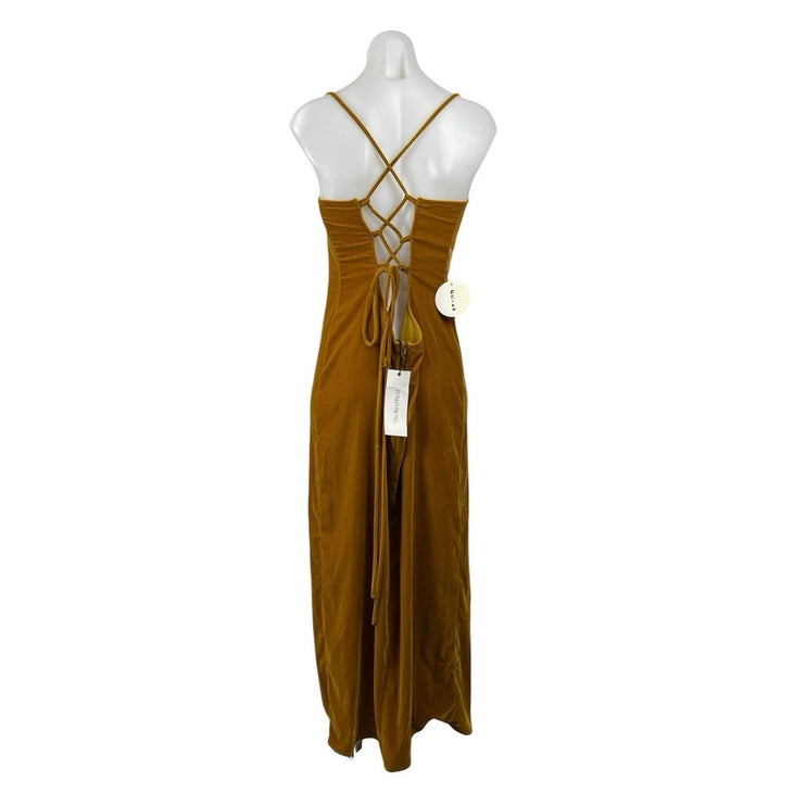 NEW Staud Gold Velvet Velour Cowl Neck Slit Lace Up Back Maxi Slip Dress Size L