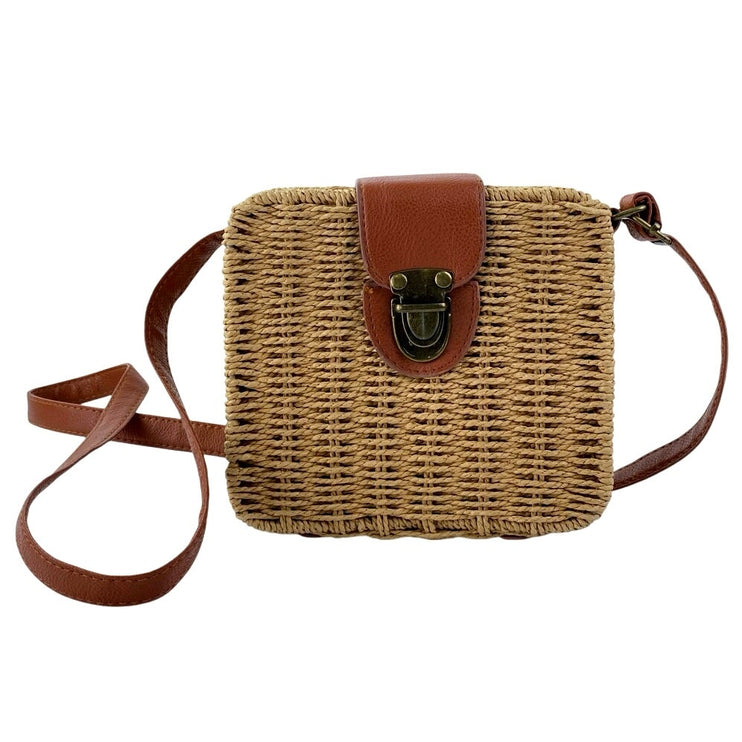 Hoxis Tan Floral Lined Straw Woven Rattan Square Crossbody Boho Bag Handbag OS
