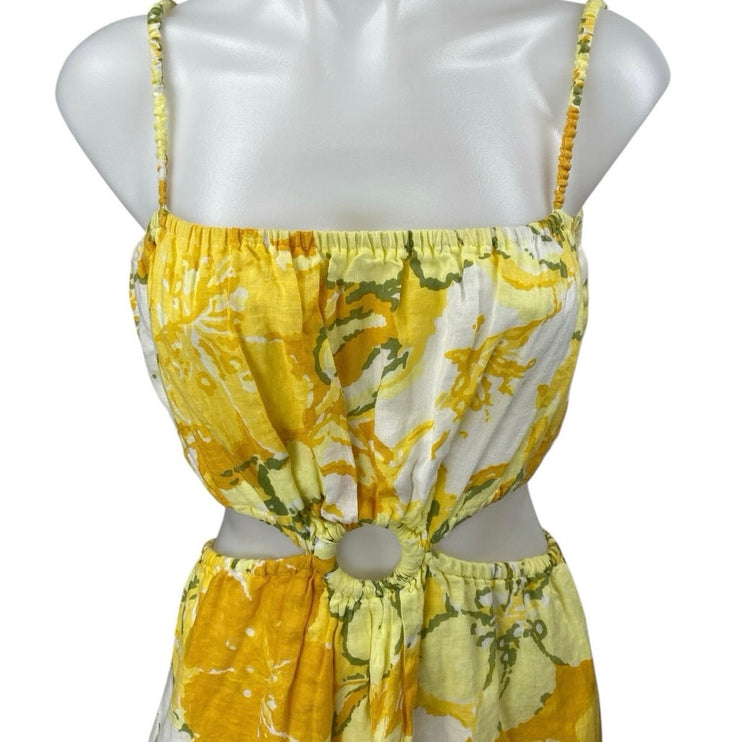 Faithfull The Brand El Rio 100% Linen Yellow Floral Cutout A Line Maxi Dress 6
