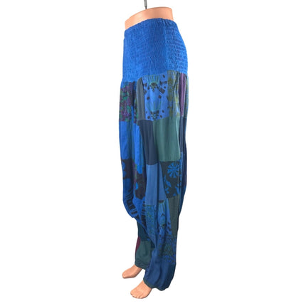 Advance Women's Blue Patchwork Floral Smocked Boho Hippie Harem Pants Size OS