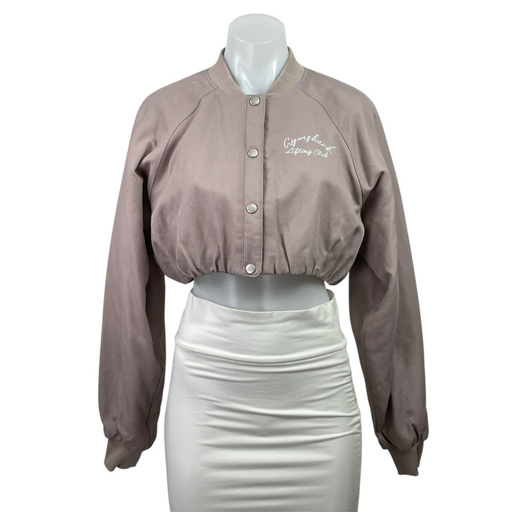 NEW Gymshark Womens Pink Snap Button Long Sleeve Cropped Bomber Coat Jacket Sz S