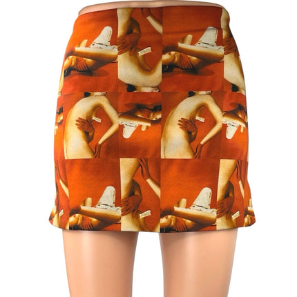 Tiger Mist Orange Knit Body Graphic Print Straight pencil Mini Skirt Size XS