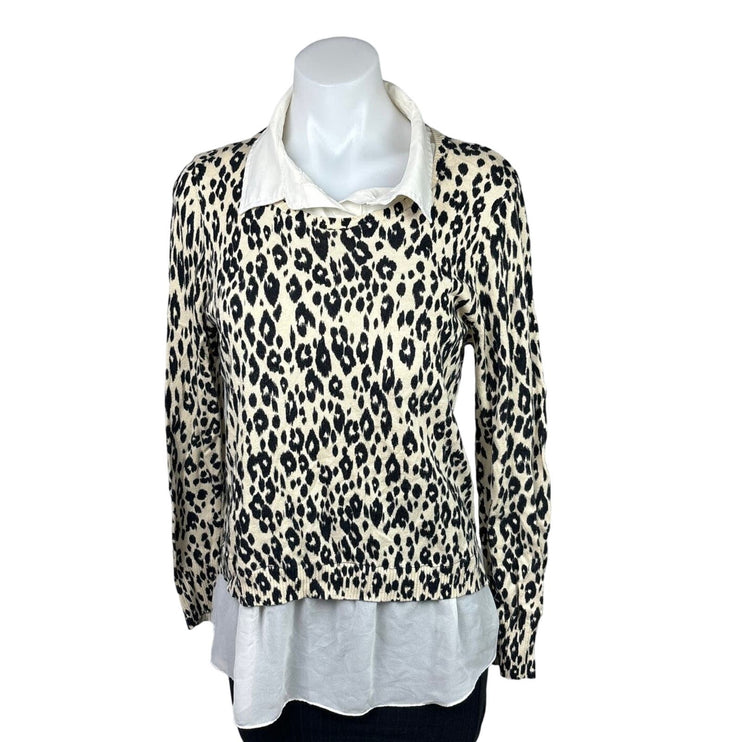 DKNY NWOT Black White Leopard Print Layered Long Sleeve Collar Sweater Top Sz L