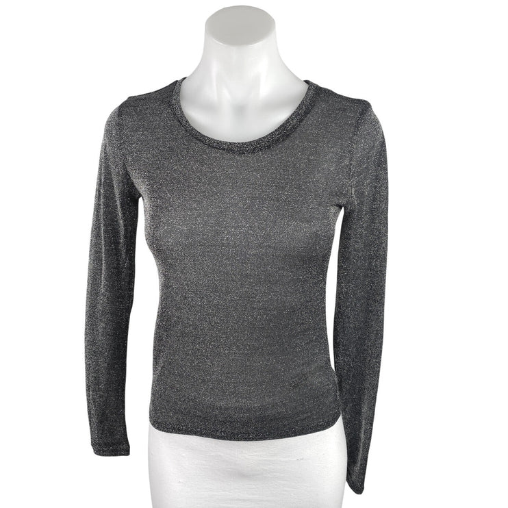 Free People Women's Black Metallic Long Sleeve Sheer Casual Tee T Shirt Top XS