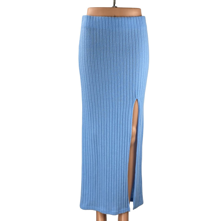Out from Under Bounce Plush Suki Blue Ribbed Slit Maxi Straight Pencil Skirt S