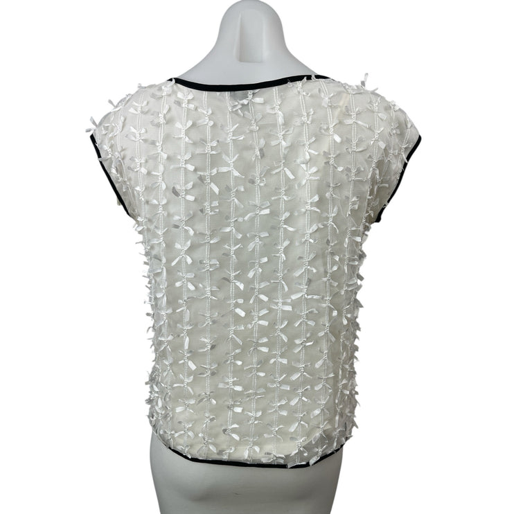 Ann Taylor Women's White Lace Bow Ribbon Short Cap Sleeve Shirt Blouse Top Sz S