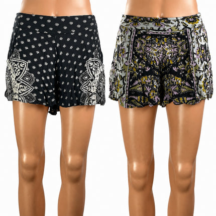Bundle of 2 Free People Black Floral Boho Smocked High Rise Mini Shorts Size XS