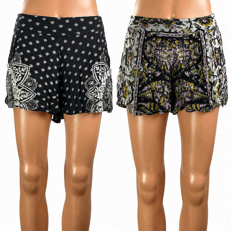 Bundle of 2 Free People Black Floral Boho Smocked High Rise Mini Shorts Size XS