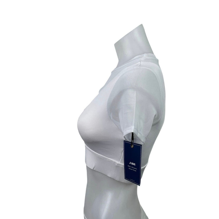 NEW J. Ing Women's White Short Sleeve Cutout Mesh Crew Neck Crop Top Size XS